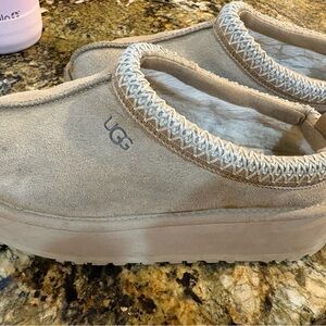 UGG Tan Platform Mule Slippers with Shearling Trim